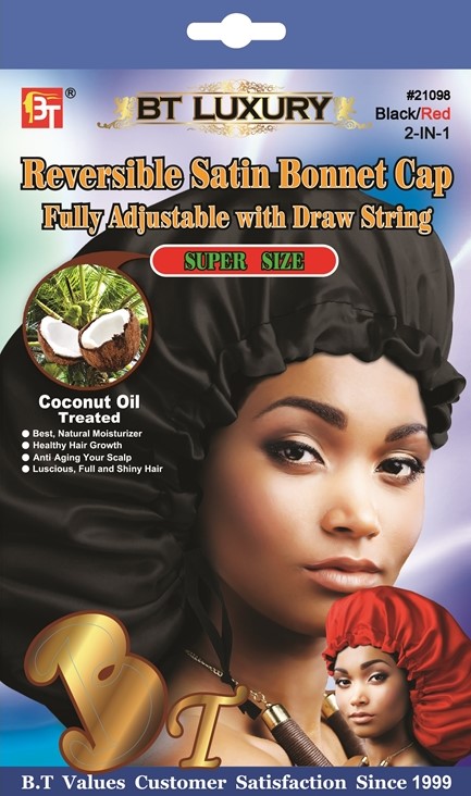 REVERSIBLE SATIN BONNET CAP - (BLACK/RED) 